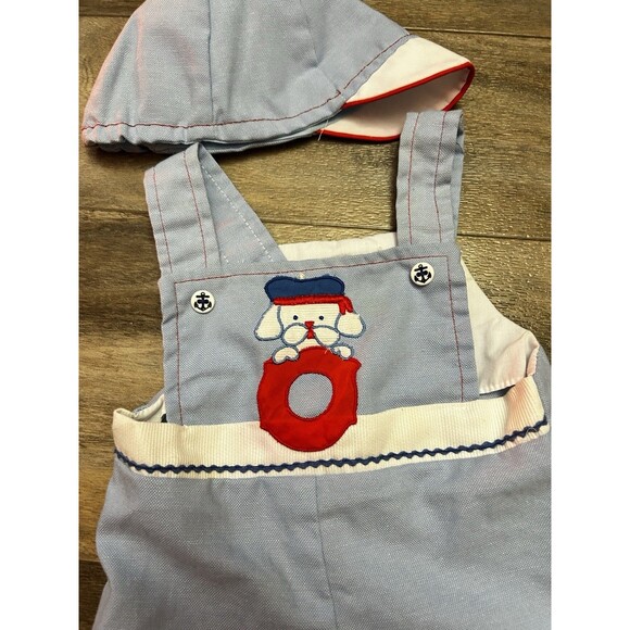 Vintage Cradle Togs Sailing Dog Embroidered Short-alls W Matching Hat 6-12 Mo - Picture 2 of 4